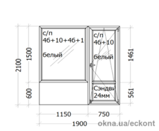 Балконный блок  Veka Softline ( пяти-камерный  профиль ) 1900 x 2100 мм с/п 4б+10+4б+10+4и